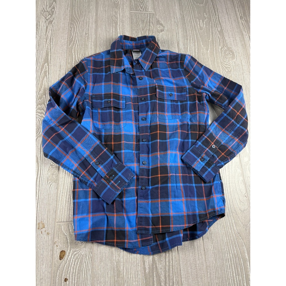 Patagonia Plaid Button Up Blouse Womens Size 6 Blue Orange Long Sleeve Cotton